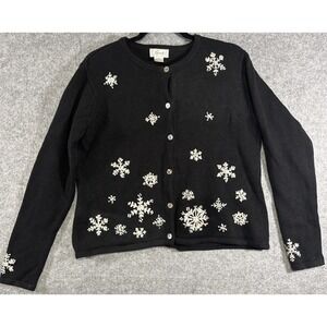 Foxcroft Cardigan Sweater Womens Medium Black Snowflake Embroidered Ramie Cotton